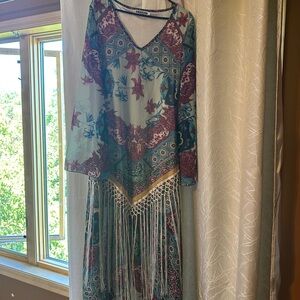 Bohemian Fringe Long Sleeve Maxi Dress in Teal and Burgundy
